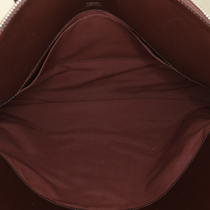 Hermès Heeboo handbag in beige canvas and brown leather - Detail D2