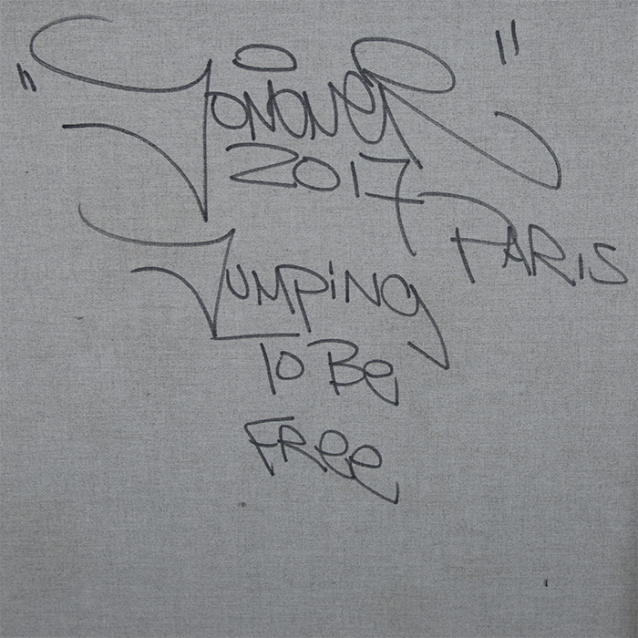 JonOne, "Jumping to be free", grande huile sur toile, signée, titrée, datée et encadrée, avec son certificat d'authenticité, de 2017 - Detail D3