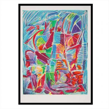 André Lanskoy, "Composition fond bleu", lithographie en couleurs sur papier, signée, numérotée et encadrée