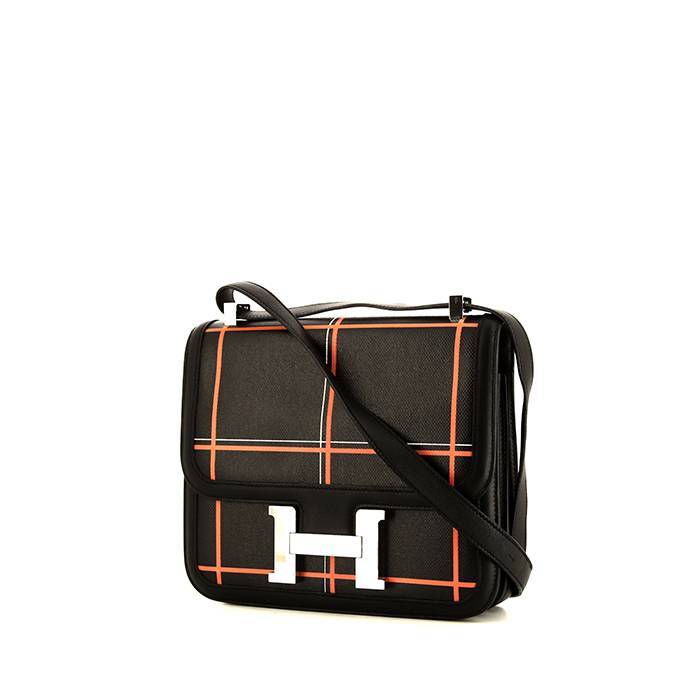 Hermes Constance Handbag in Brown Canvas and Black Leather