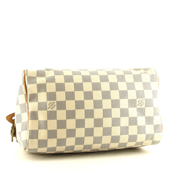 Bolso de mano Louis Vuitton Speedy 25 cm en lona a cuadros azul celeste y cuero natural - Detail D4