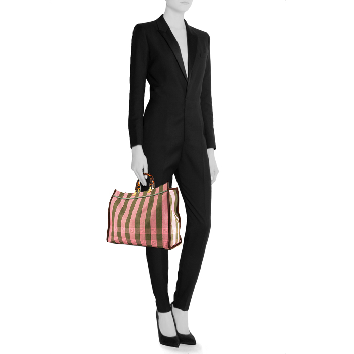 Fendi Sunshine shopping bag in pink and khaki canvas and burgundy leather - Detail D1