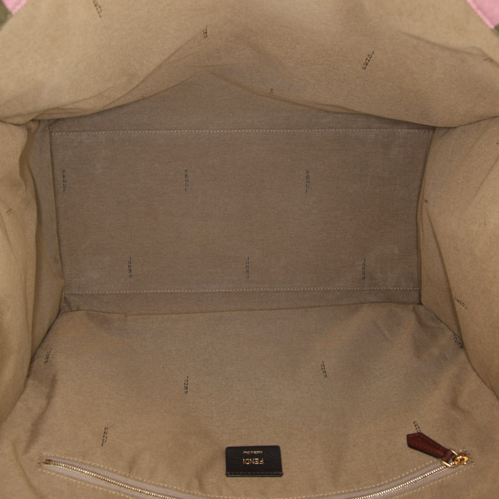Fendi Sunshine shopping bag in pink and khaki canvas and burgundy leather - Detail D2
