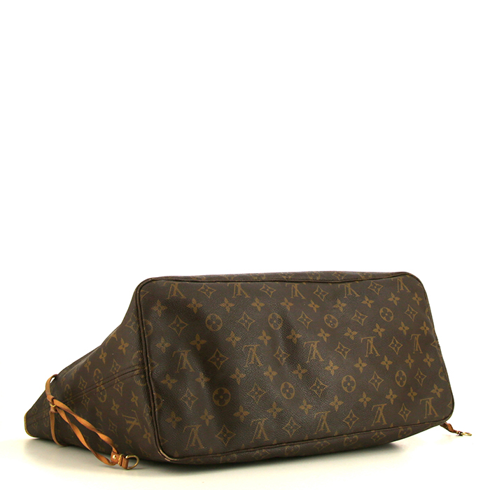 Sac cabas Louis Vuitton Neverfull grand modèle en toile monogram marron et cuir naturel - Detail D4