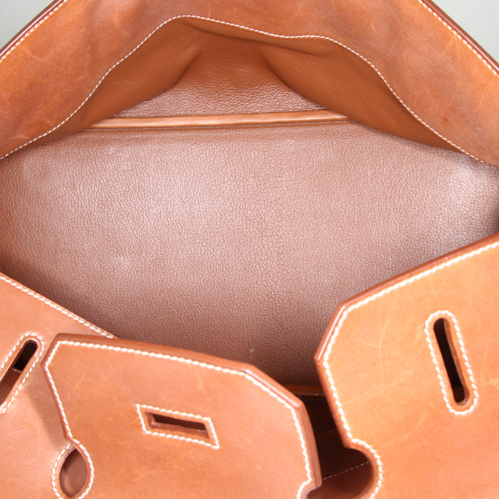 Hermes Birkin Shoulder handbag in brown Barenia leather and blue denim canvas - Detail D2