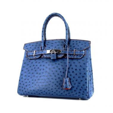 Sac à main Hermes Birkin 30 cm en autruche Bleu Brighton