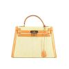 Hermes Kelly 32 cm handbag in gold box leather and beige canvas - 360 thumbnail