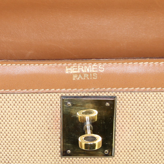 Borsa Hermes Kelly 32 cm in pelle box gold e tela beige - Detail D4