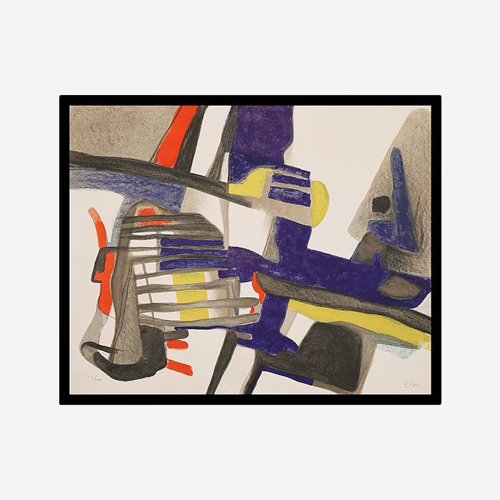 Maurice Estève, "Matinailles", lithograph in colors on paper, signed, numbered and framed, of 1956