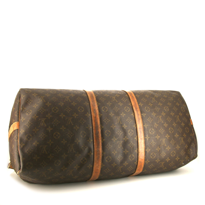 Bolsa de viaje Louis Vuitton Keepall 60 cm en lona Monogram marrón y cuero natural - Detail D5