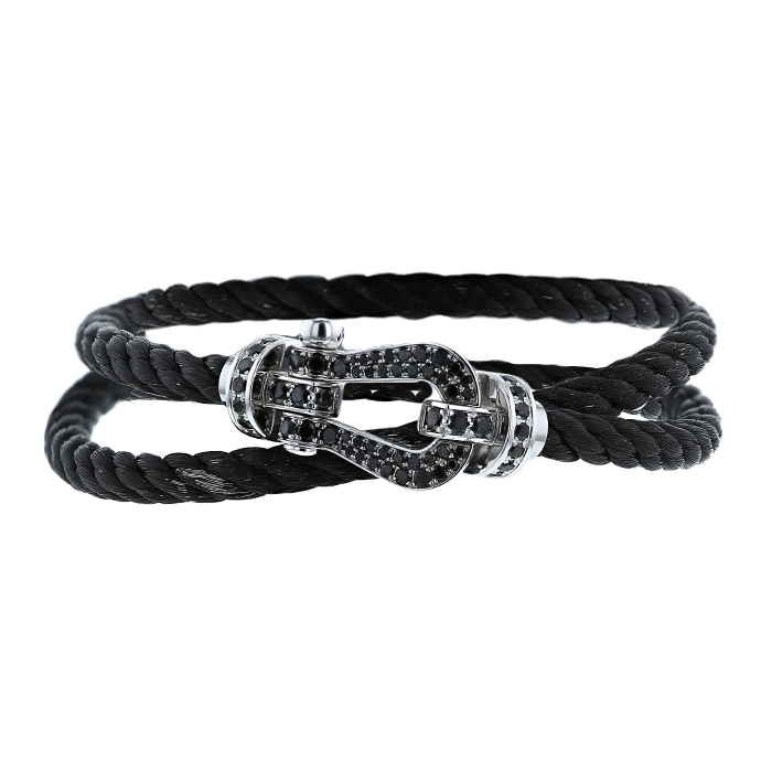 Bracelet Fred Force 10 grand modèle en or blanc, acier et diamants noirs - Detail D1