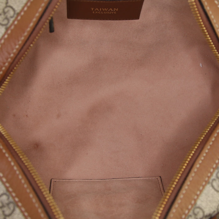 Borsa Gucci Boston in tela siglata beige e pelle marrone - Detail D3