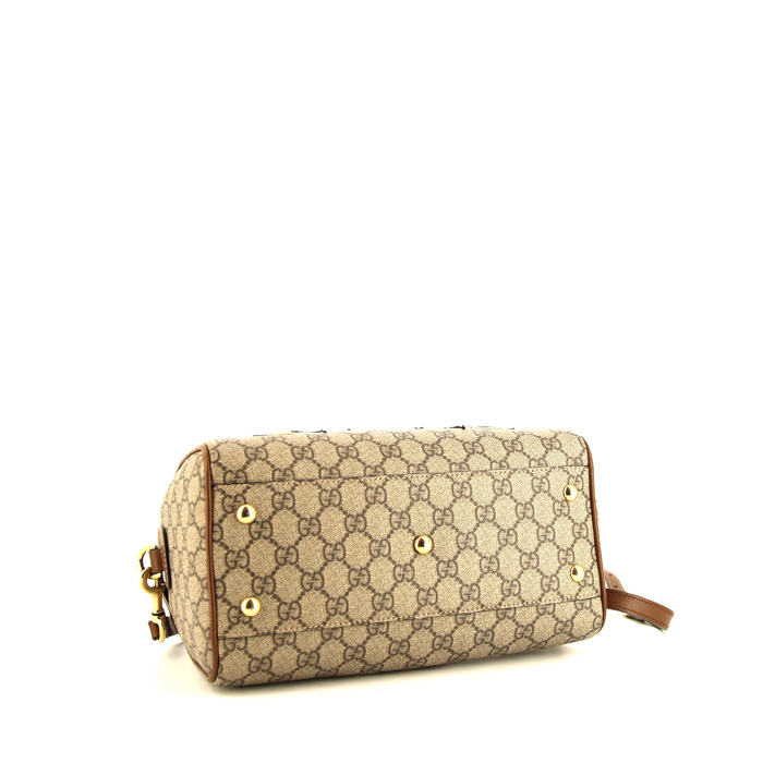 Gucci Boston handbag in beige logo canvas and brown leather - Detail D5