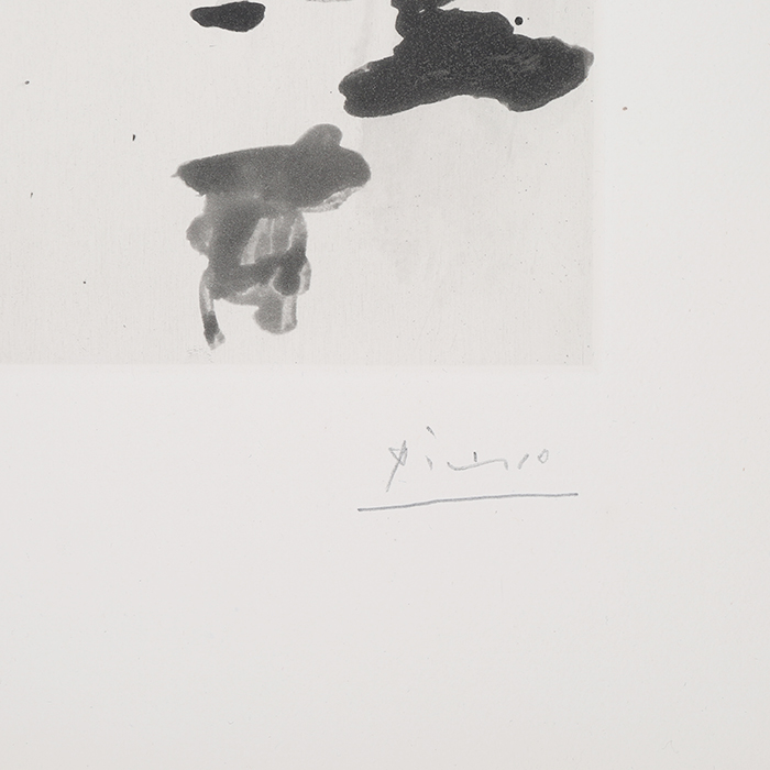 Pablo Picasso, "Peintre au travail. 2 mars 1965, II", aquatint on cream vellum paper, signed, numbered and framed, of 1966 - Detail D2
