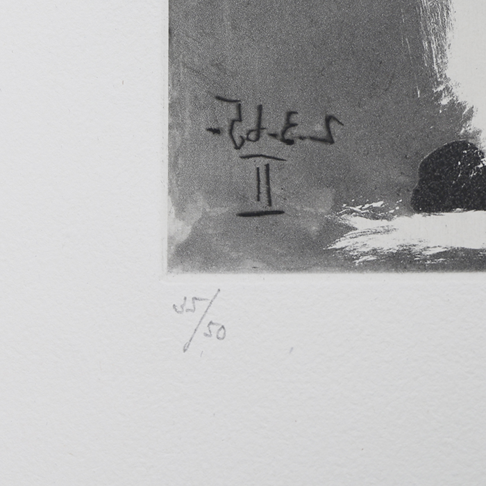Pablo Picasso, "Peintre au travail. 2 mars 1965, II", aquatint on cream vellum paper, signed, numbered and framed, of 1966 - Detail D3