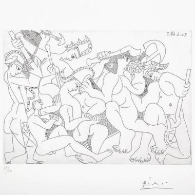 Pablo Picasso, "Jeux de gladiateurs. 20 juin 1968, I", de la série "Les 347", planche 168, eau-forte sur papier vélin crème, signée, numérotée et encadrée, de 1969
