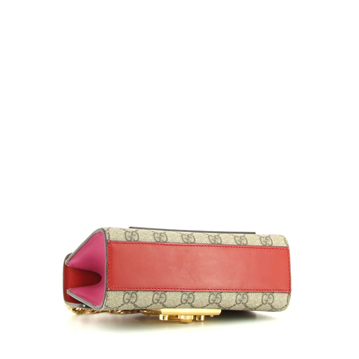Bolso de mano Gucci Padlock modelo pequeño en cuero rojo y rosa y lona Monogram beige - Detail D5