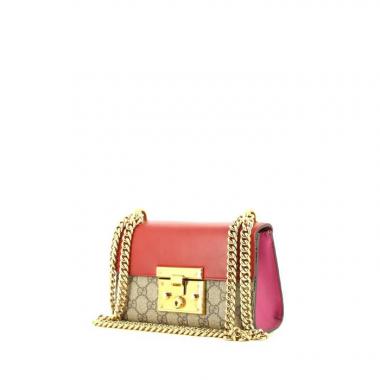 Sac à main Gucci Padlock petit modèle en cuir rouge et rose et toile monogram beige