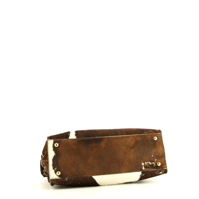 Salvatore Ferragamo Gancini handbag in white and brown foal and brown leather - Detail D4