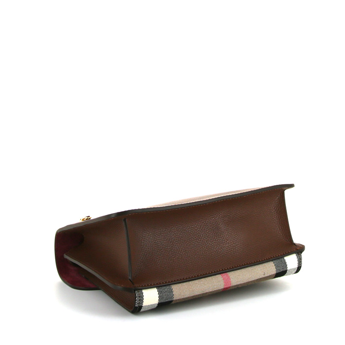 Bolso bandolera Burberry Macken en lona Haymarket beige y cuero marrón - Detail D4