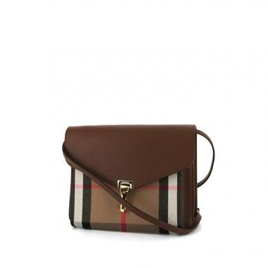 Sac bandoulière Burberry Macken en toile Haymarket beige et cuir marron