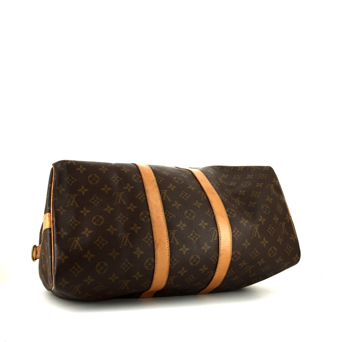 Borsa da viaggio Louis Vuitton Keepall 45 in tela monogram marrone e pelle naturale - Detail D4