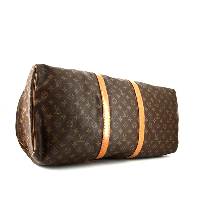 Sac de voyage Louis Vuitton Keepall 60 cm en toile monogram marron et cuir naturel - Detail D4
