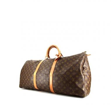 Borsa da viaggio Louis Vuitton Keepall 60 cm in tela monogram marrone e pelle naturale