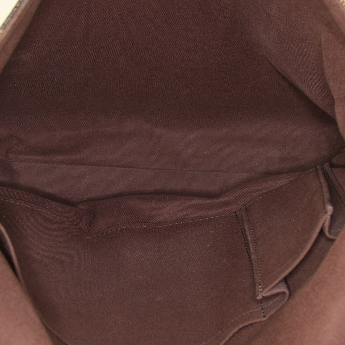 Sac bandoulière Louis Vuitton Brooklyn en toile damier ébène et cuir marron - Detail D2