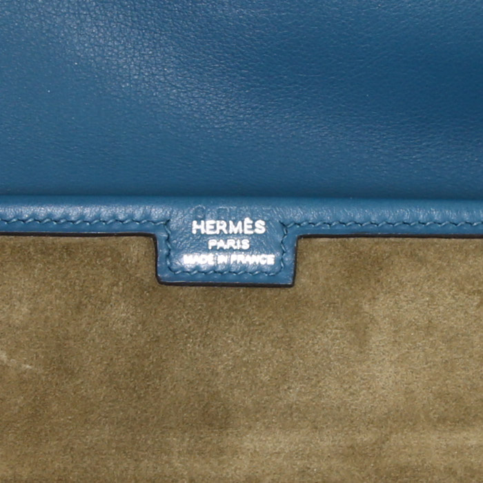 Pochette Hermes Jige in pelle box blu e pelle di vitello doblis verde kaki - Detail D3
