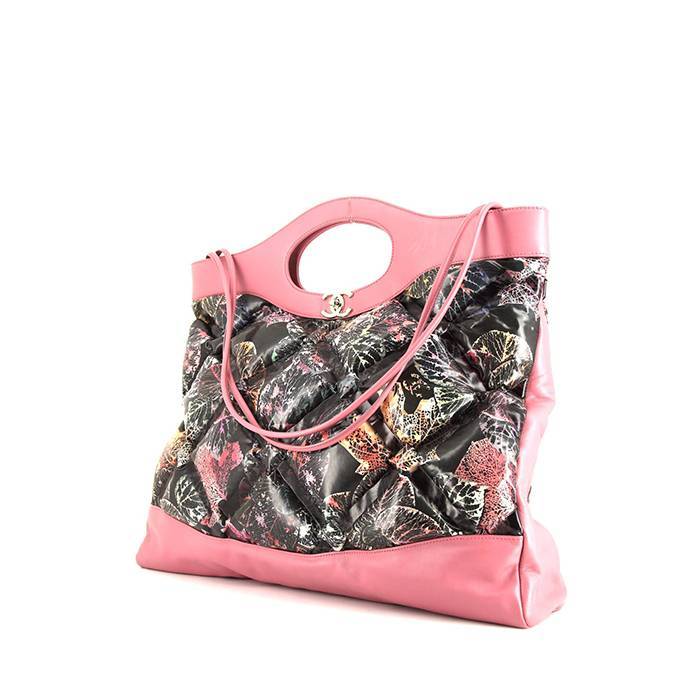 Grand Shopping Handbag In Black Quilted Canvas And Pink Leather