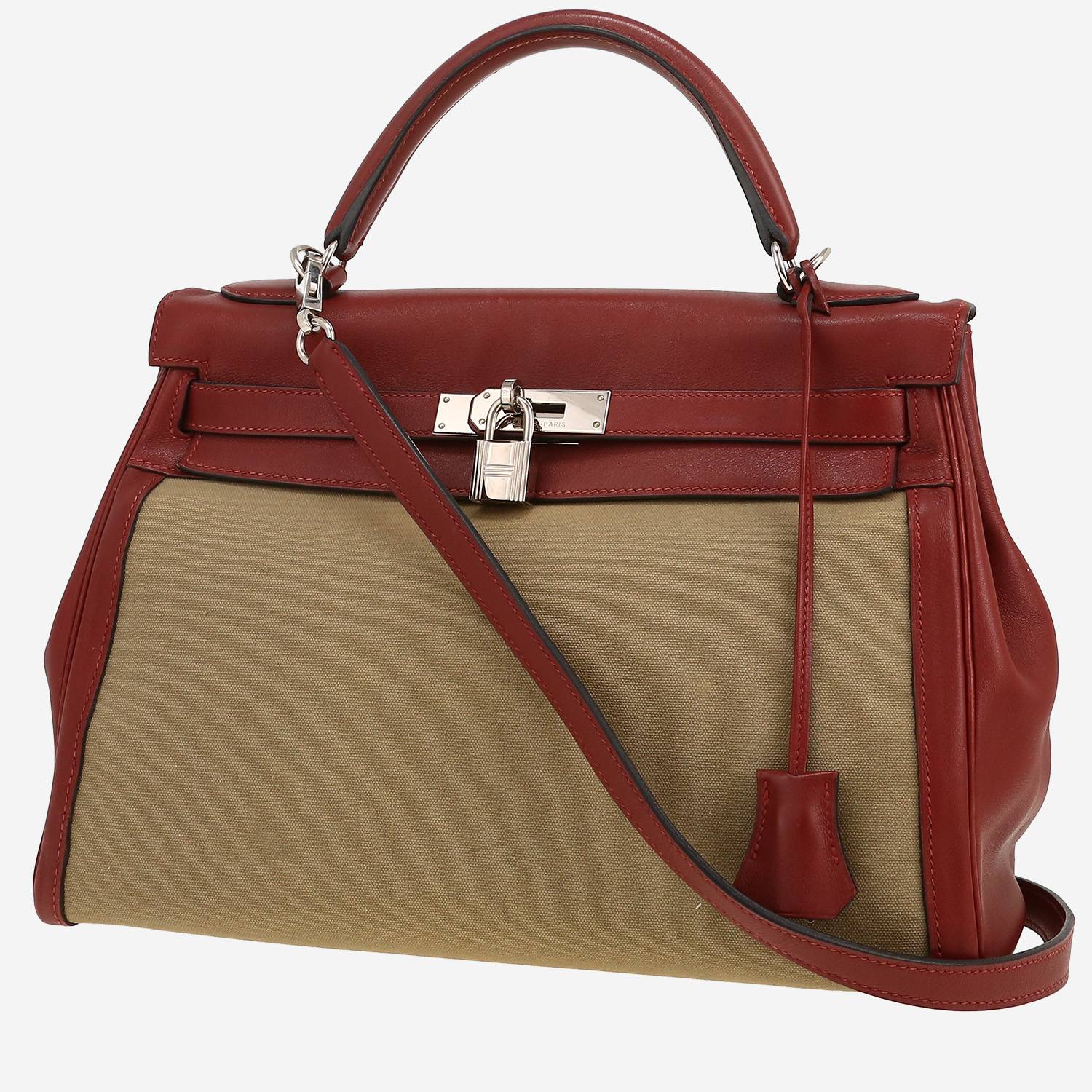 Sac à main Hermes Kelly 32 cm en cuir Swift rouge H et toile vert-kaki