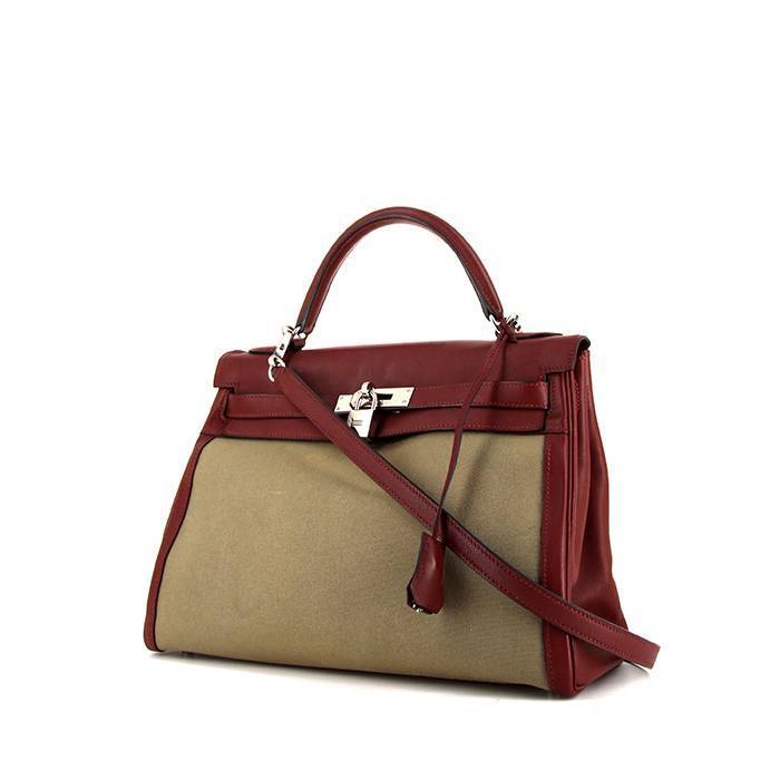 Hermes Kelly 32 cm handbag in red H Swift leather and khaki canvas - 00pp