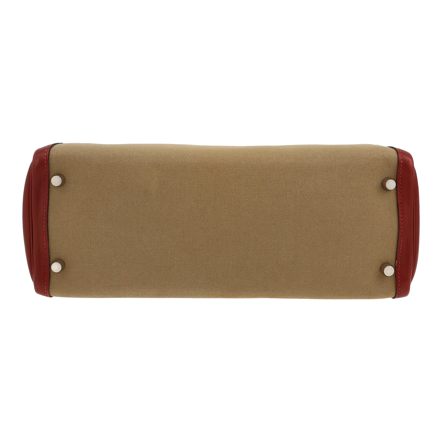 Hermes Kelly 32 cm handbag in red H Swift leather and khaki canvas - Detail D1