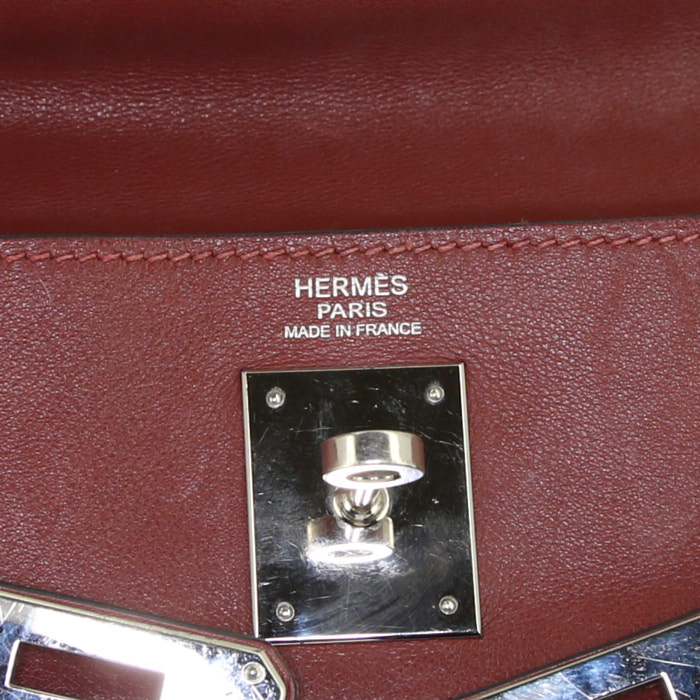 Borsa Hermes Kelly 32 cm in pelle Swift rosso H e tela verde kaki - Detail D4