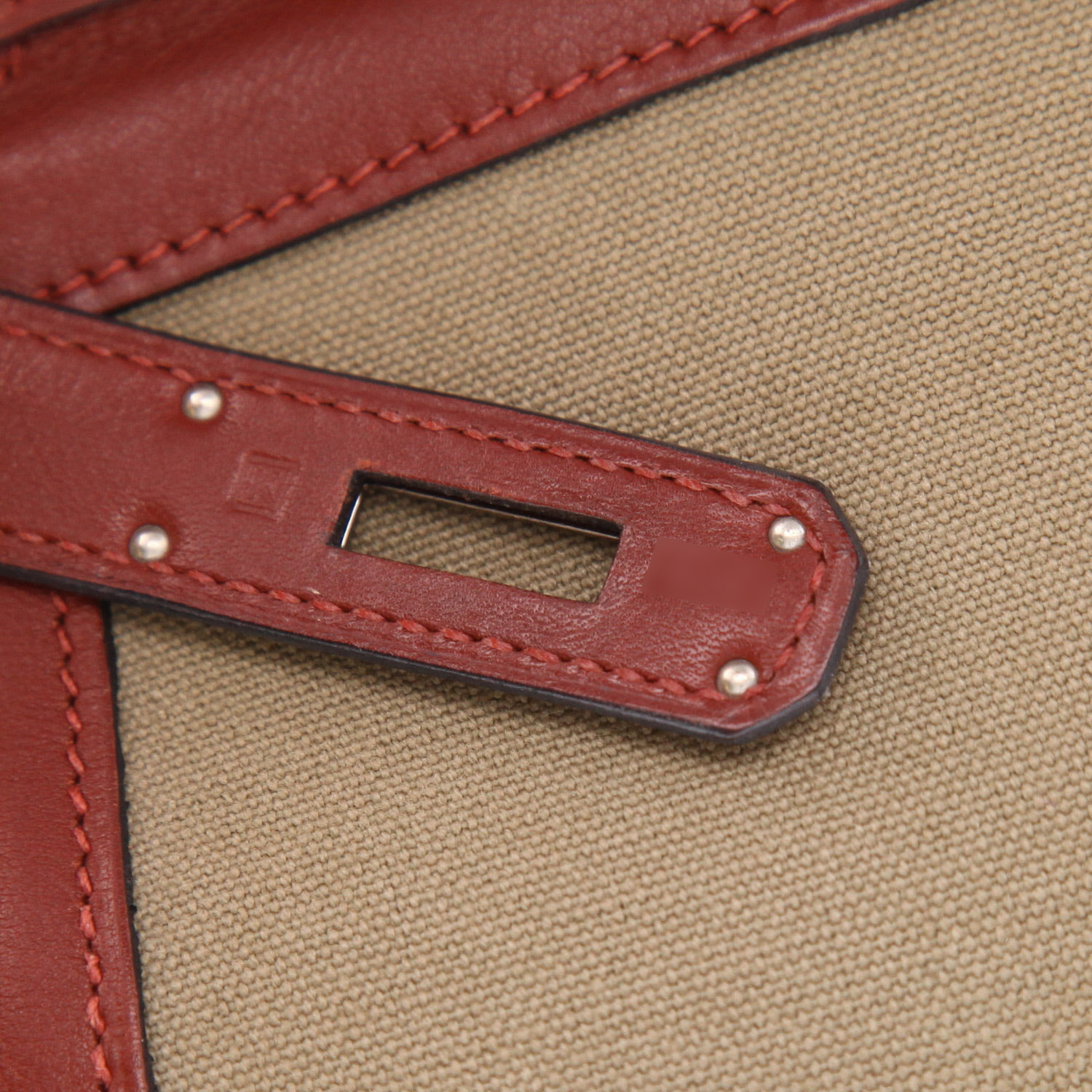 Hermes Kelly 32 cm handbag in red H Swift leather and khaki canvas - Detail D4