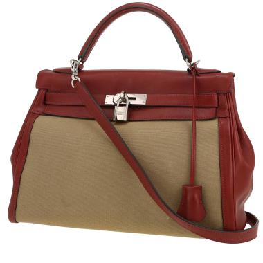 Bolso de mano Hermes Kelly 32 cm en cuero swift rojo H y lona caqui