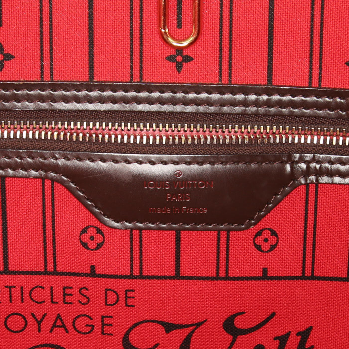 Sac cabas Louis Vuitton Neverfull grand modèle en toile damier enduite ébène et cuir marron - Detail D3