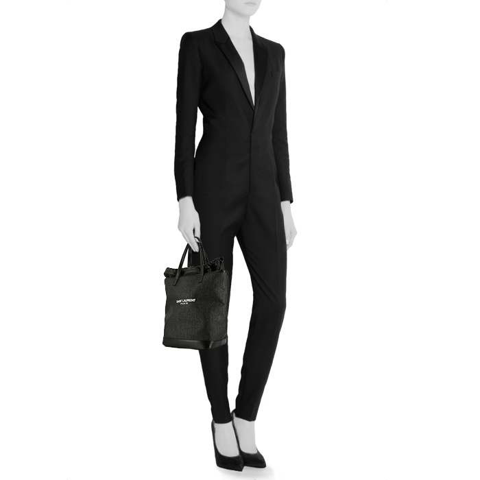 Saint Laurent Teddy Pochon shopping bag in black canvas and black leather - Detail D1