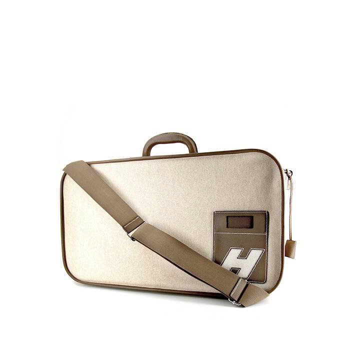 Valise Hermès en toile beige et cuir étoupe - 00pp