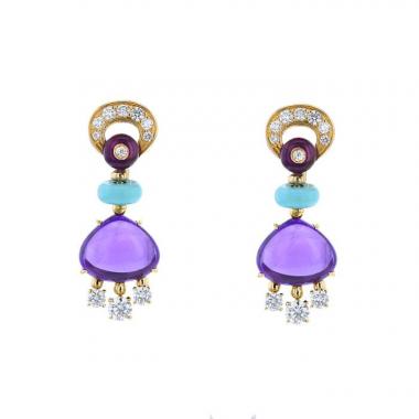 Bulgari Mediterranean Eden  pendants earrings in yellow gold,  amethyst and turquoise and in diamonds Bulgari Mediterranean Eden  pendants earrings in yellow gold,  amethyst and turquoise and in diamonds