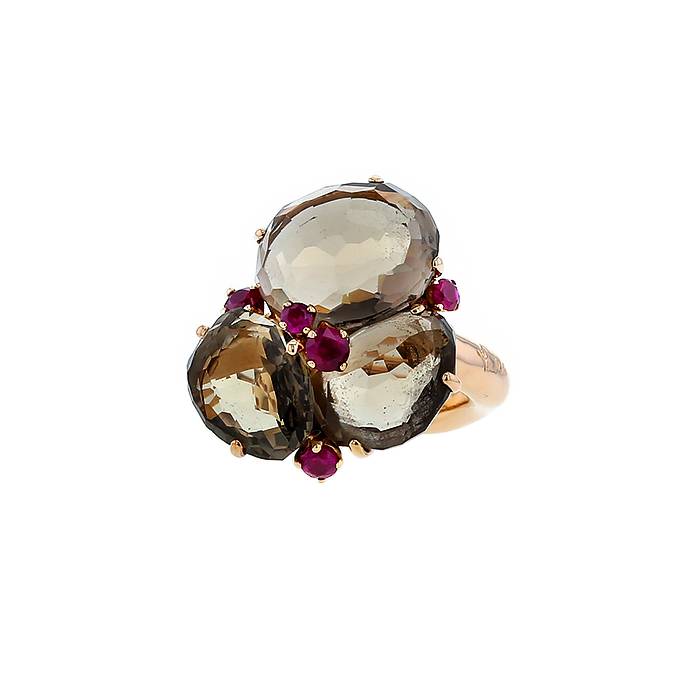 Pomellato Bahia large model ring in pink gold,  smoked quartz and ruby - 00pp