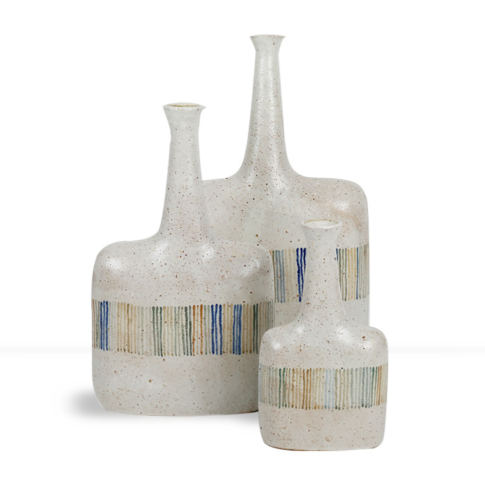 Bruno Gambone, a rare set of three bottles sculptures, in enamelled stoneware with abstract decoration, signed, from the 1970's - 00pp
