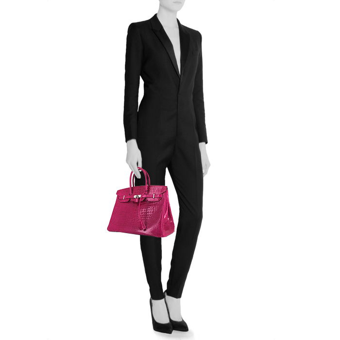 Borsa Hermes Birkin 35 cm in coccodrillo marino Rose Sheherazade - Detail D1