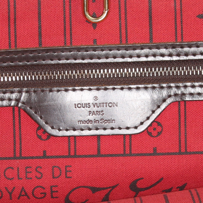 Louis Vuitton Neverfull medium model shopping bag in ebene damier canvas and brown leather - Detail D3