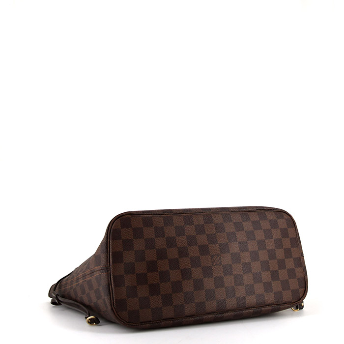 Louis Vuitton Neverfull medium model shopping bag in ebene damier canvas and brown leather - Detail D4
