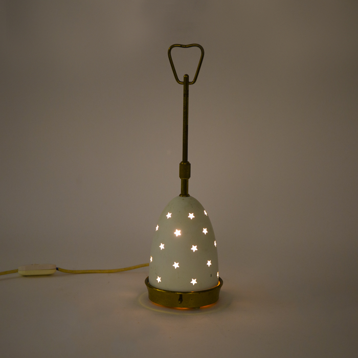 Angelo Lelii, "Stellina", table lamp mod. 12291, in perforated cream lacquered metal, brass and glass, Arredoluce, around 1950 - Detail D1