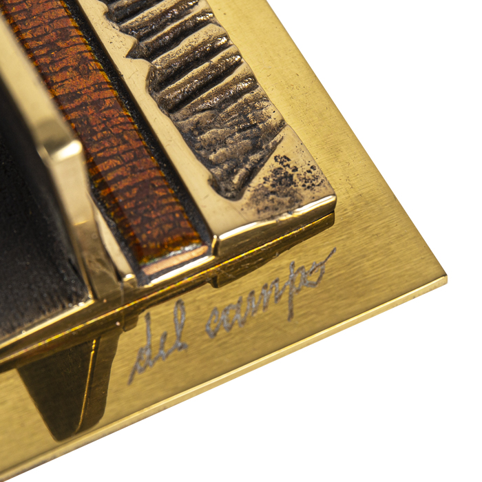 Gruppo del Campo, a set including a letter-opener and a letter-holder, in brass and enamel, signed, around 1970