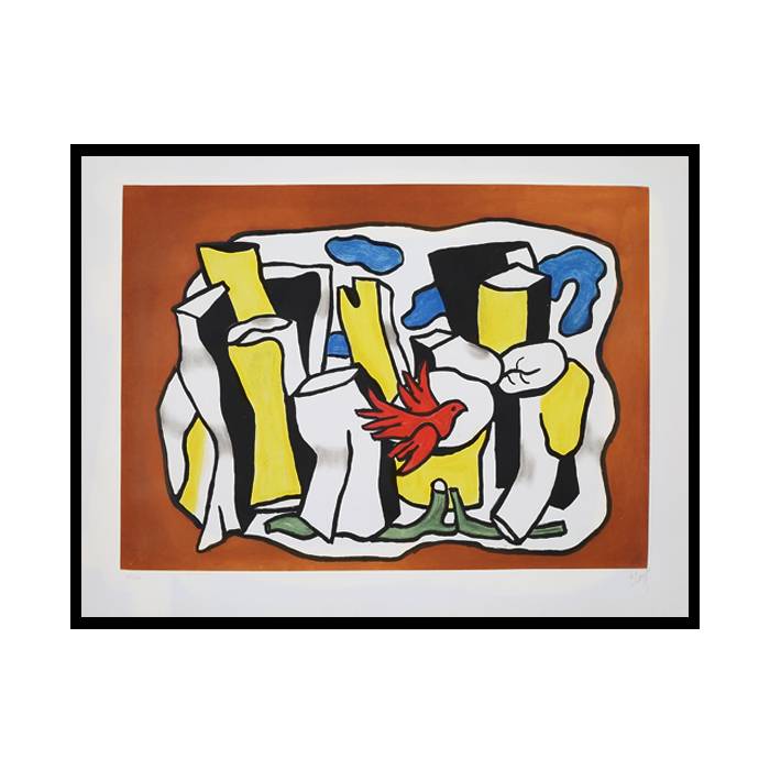 Fernand Léger, "L'oiseau rouge dans le bois", aquatint in colors on paper, signed and numbered, of 1953 - 00pp