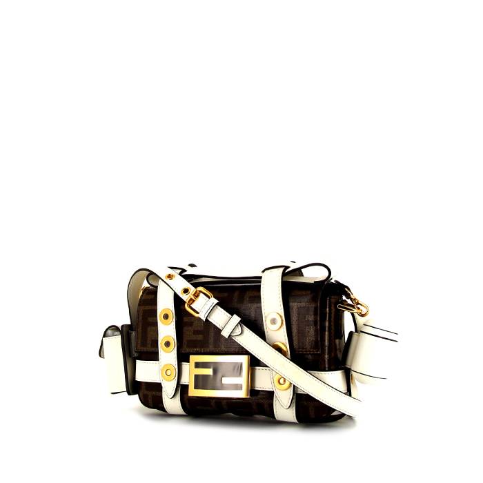 Fendi Baguette Cage mini shoulder bag in brown monogram canvas and white leather - 00pp